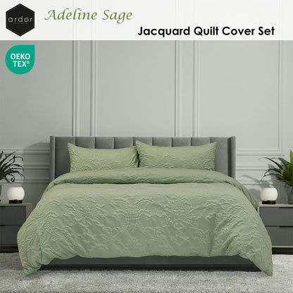 Adeline Sage Jacquard Damask Quilt Cover Set - 3PC
