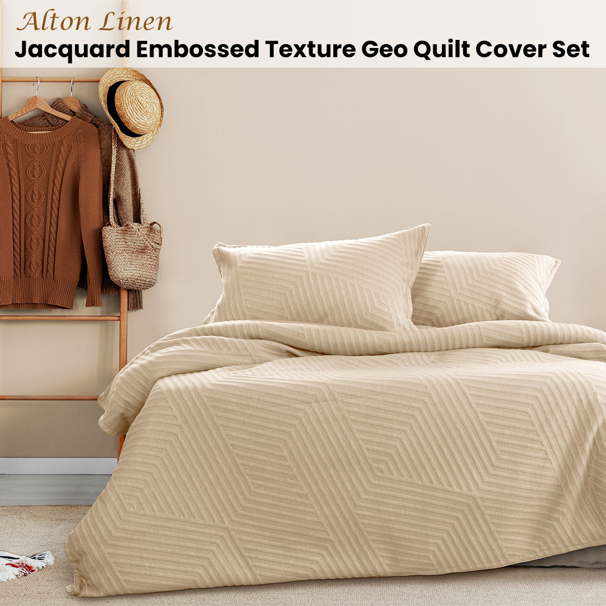 Alton Linen Jacquard Embossed Texture Geo Quilt Cover Set - 3PC