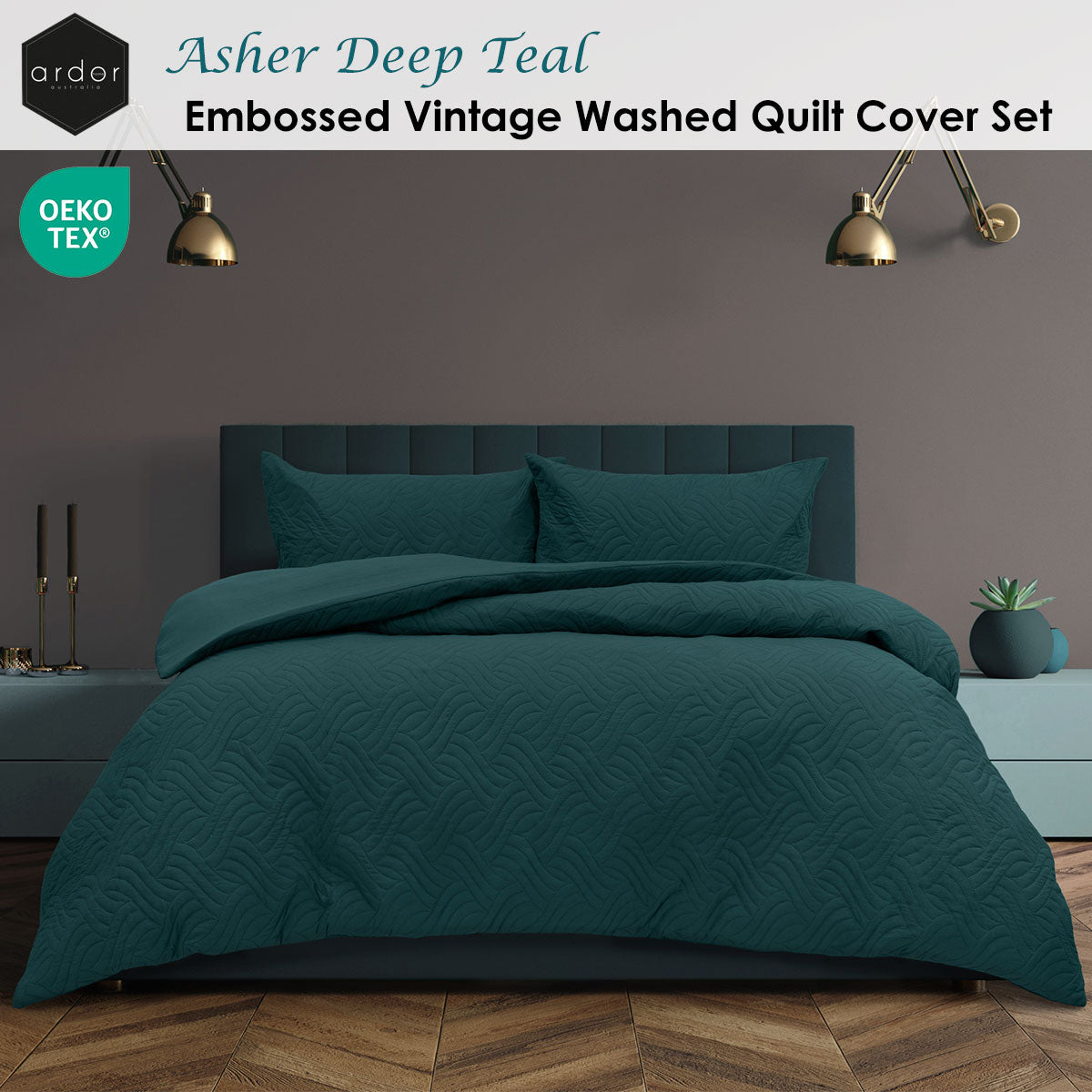 Asher Deep Teal Embossed Vintage Washed Quilt Cover Set - 3PC