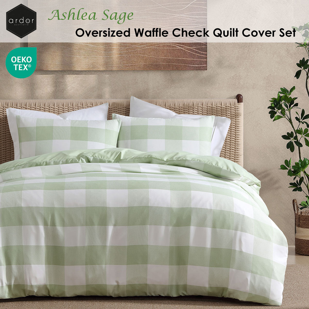 Ashlea Sage Oversized Waffle Check Quilt Cover Set - 3PC