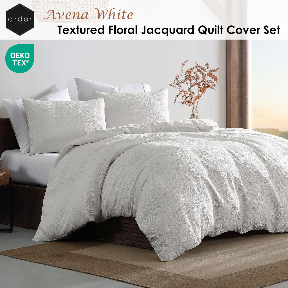 Avena White Textured Floral Jacquard Quilt Cover Set - 3PC