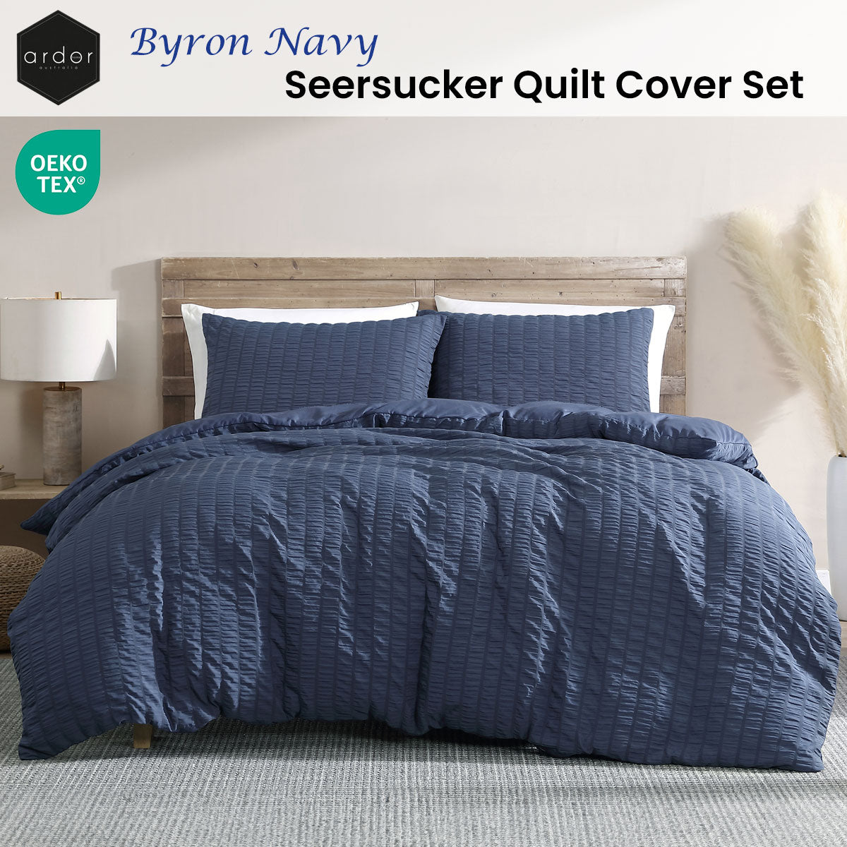 Byron Navy Seersucker Quilt Cover Set - 3PC