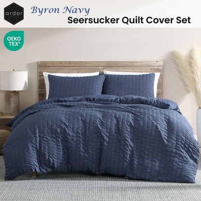 Byron Navy Seersucker Quilt Cover Set - 3PC
