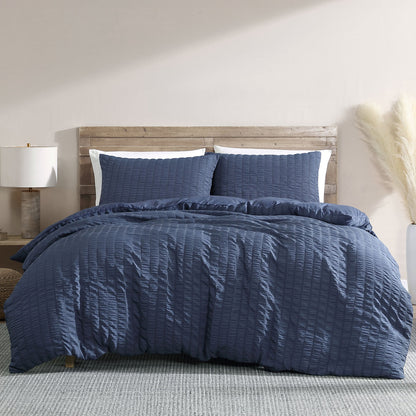 Byron Navy Seersucker Quilt Cover Set - 3PC