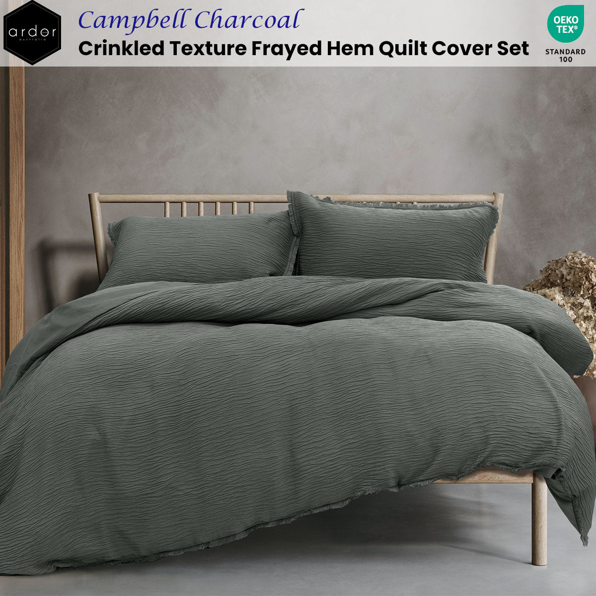 Campbell Charcoal Crinkled Texture Quilt Cover Set - 3PC