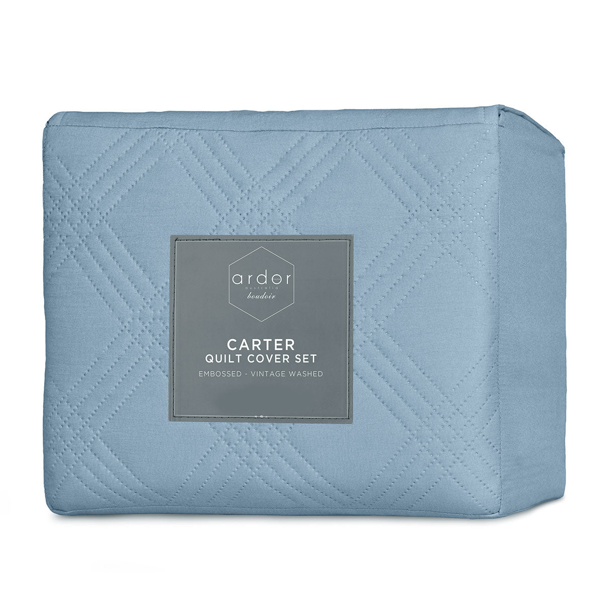 Carter Mineral Blue Embossed Vintage Washed Geometric Quilt Cover Set - 3PC