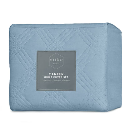 Carter Mineral Blue Embossed Vintage Washed Geometric Quilt Cover Set - 3PC