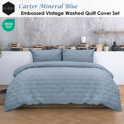 Carter Mineral Blue Embossed Vintage Washed Geometric Quilt Cover Set - 3PC