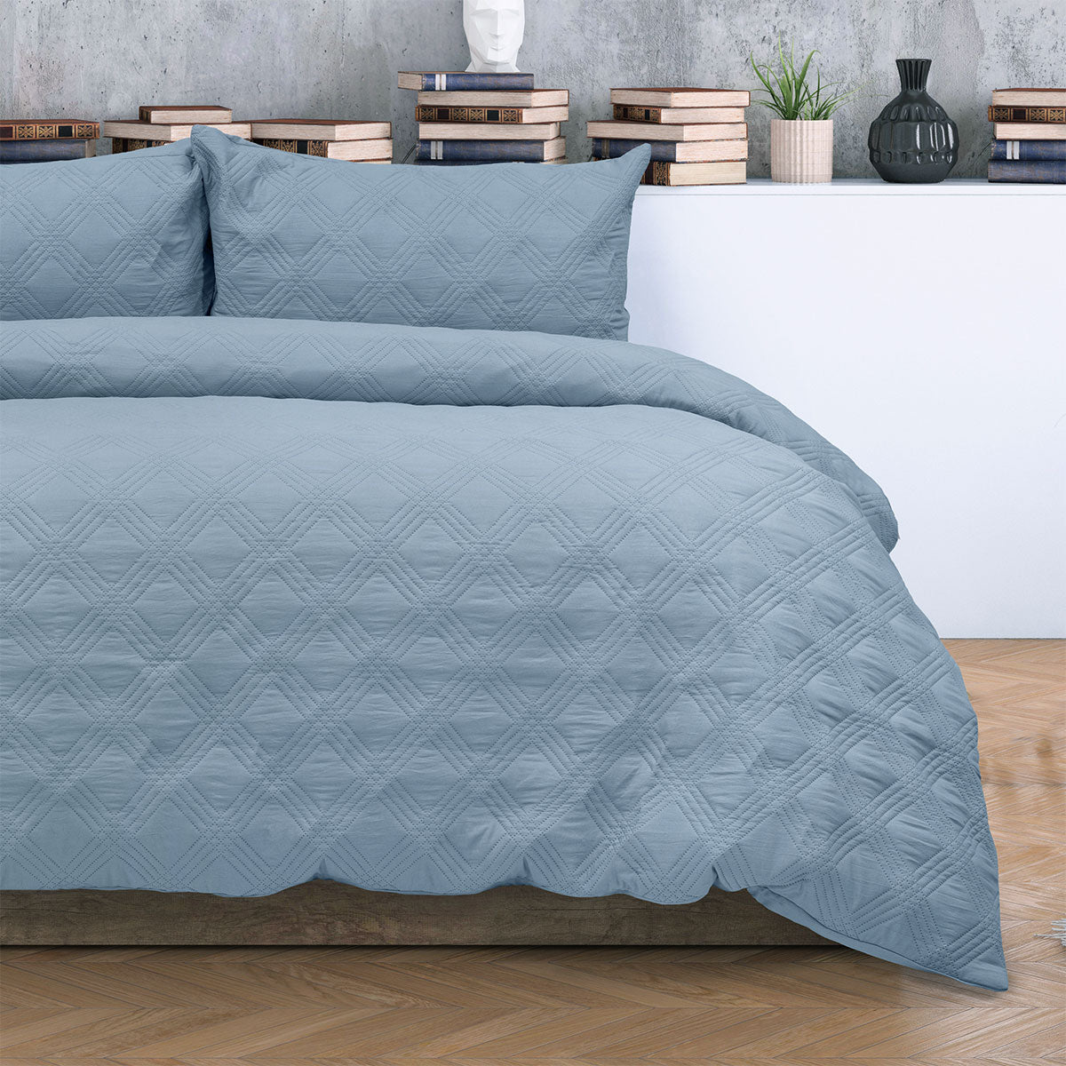 Carter Mineral Blue Embossed Vintage Washed Geometric Quilt Cover Set - 3PC