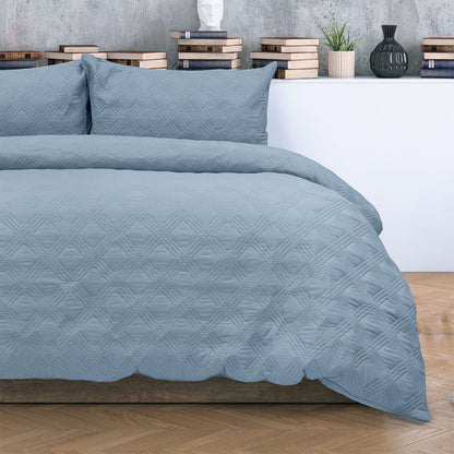 Carter Mineral Blue Embossed Vintage Washed Geometric Quilt Cover Set - 3PC