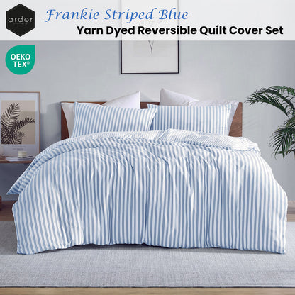 Frankie Blue Stripe Yarn Dyed Reversible Quilt Cover Set - 3PC