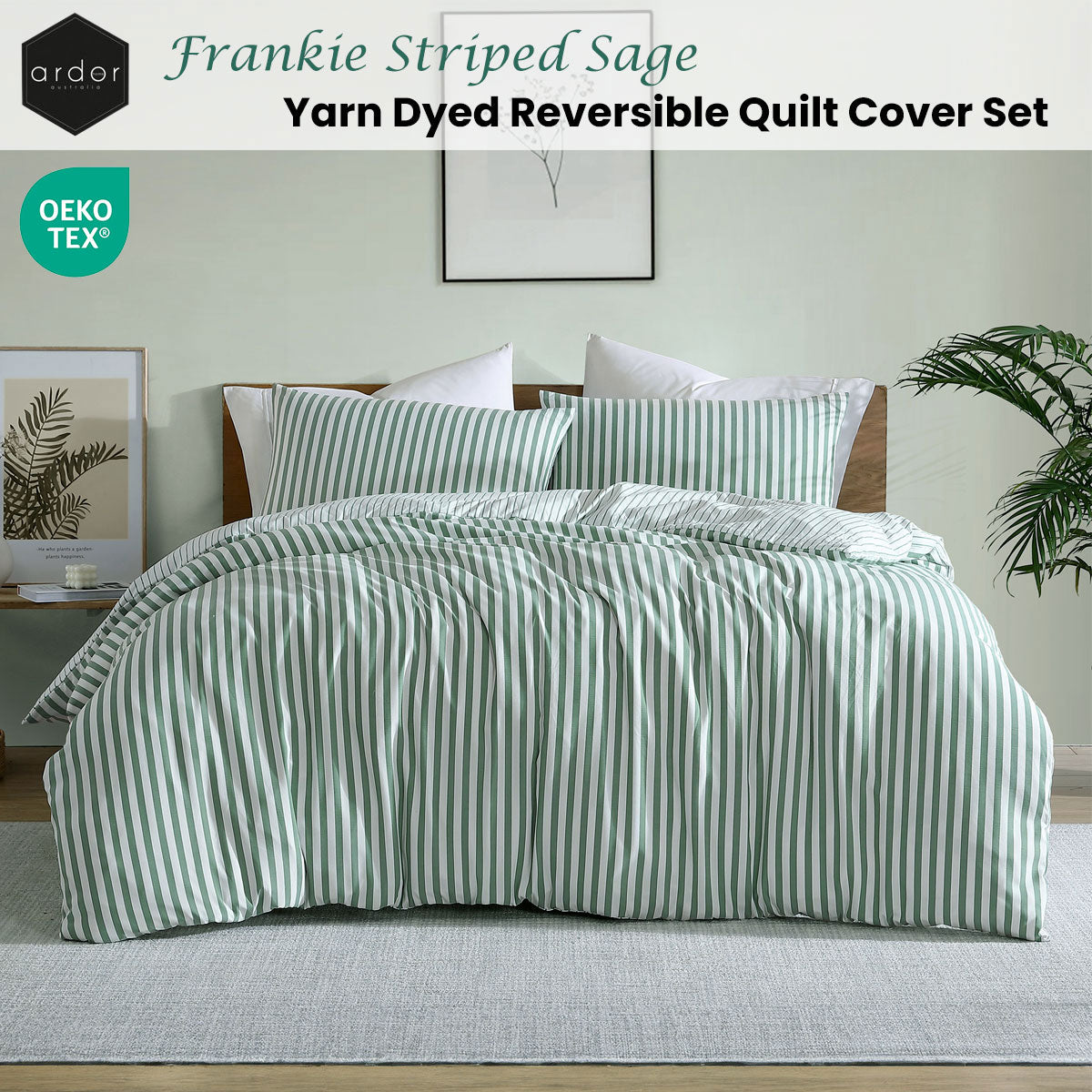 Frankie Sage Stripe Yarn Dyed Reversible Quilt Cover Set - 3PC