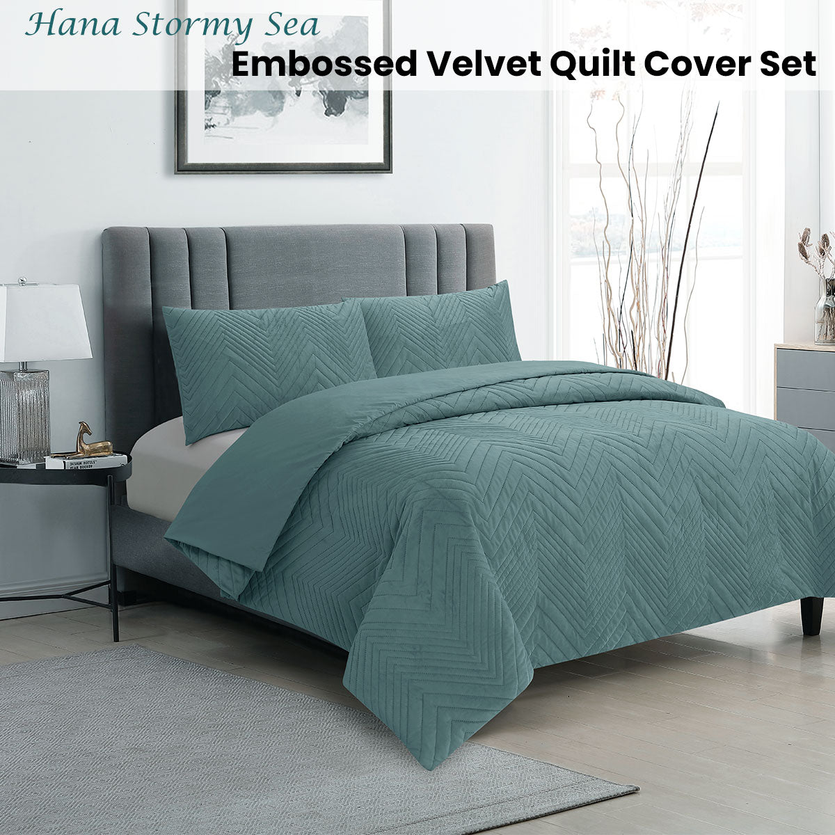 Hana Stormy Sea Embossed Velvet Quilt Cover Set - 3PC