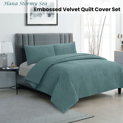 Hana Stormy Sea Embossed Velvet Quilt Cover Set - 3PC