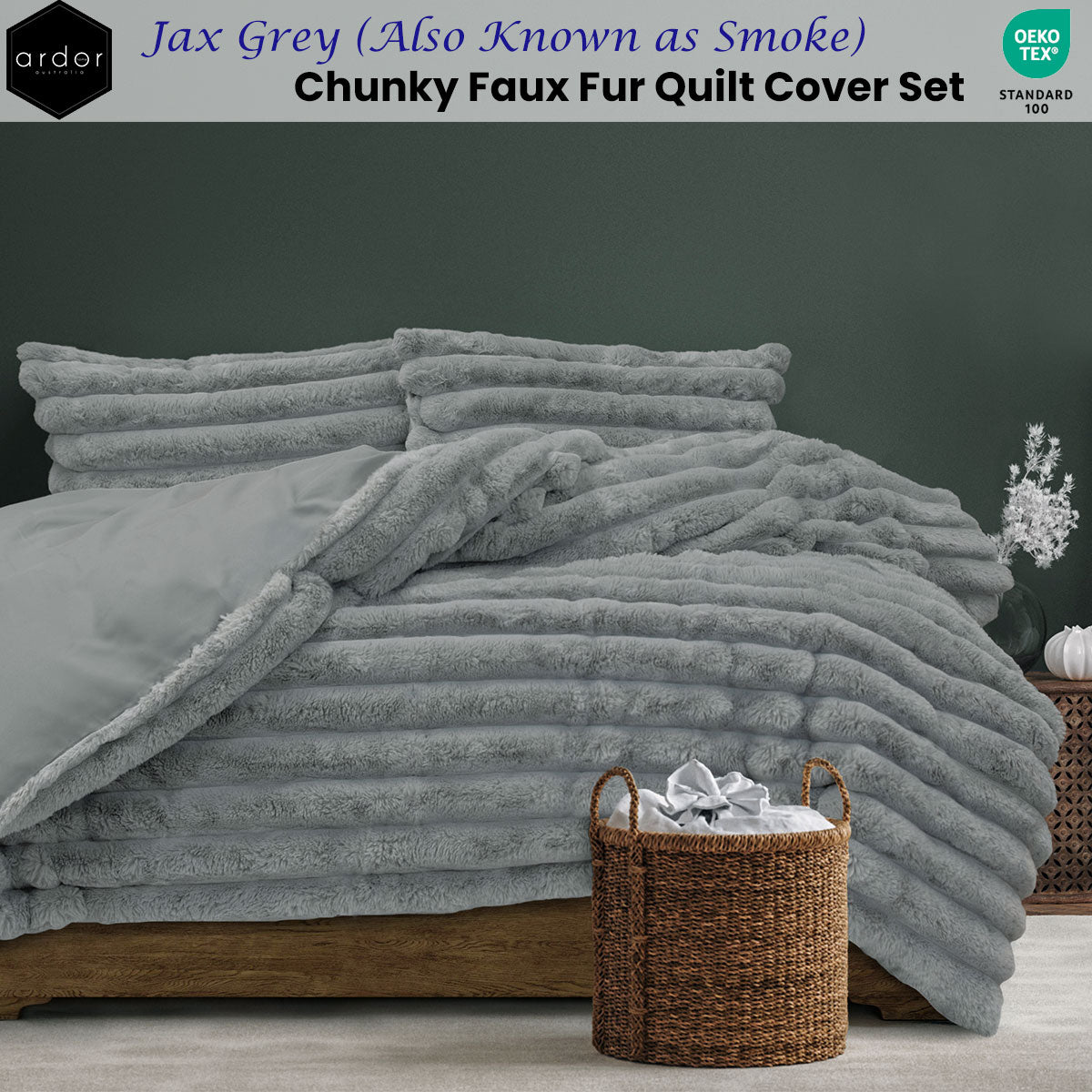 Jax Grey Chunky Faux Fur Quilt Cover Set - 3PC