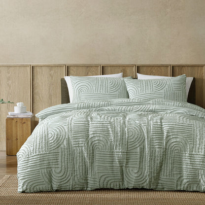 Kiewa Dusty Sage Textured Jacquard Aztec Quilt Cover Set - 3PC