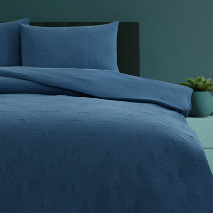 Maxwell Navy Embossed Vintage Washed Quilt Cover Set - 3PC