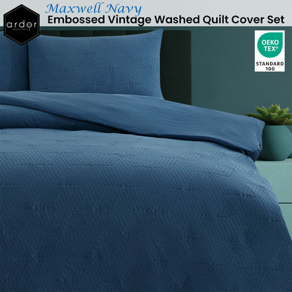 Maxwell Navy Embossed Vintage Washed Quilt Cover Set - 3PC