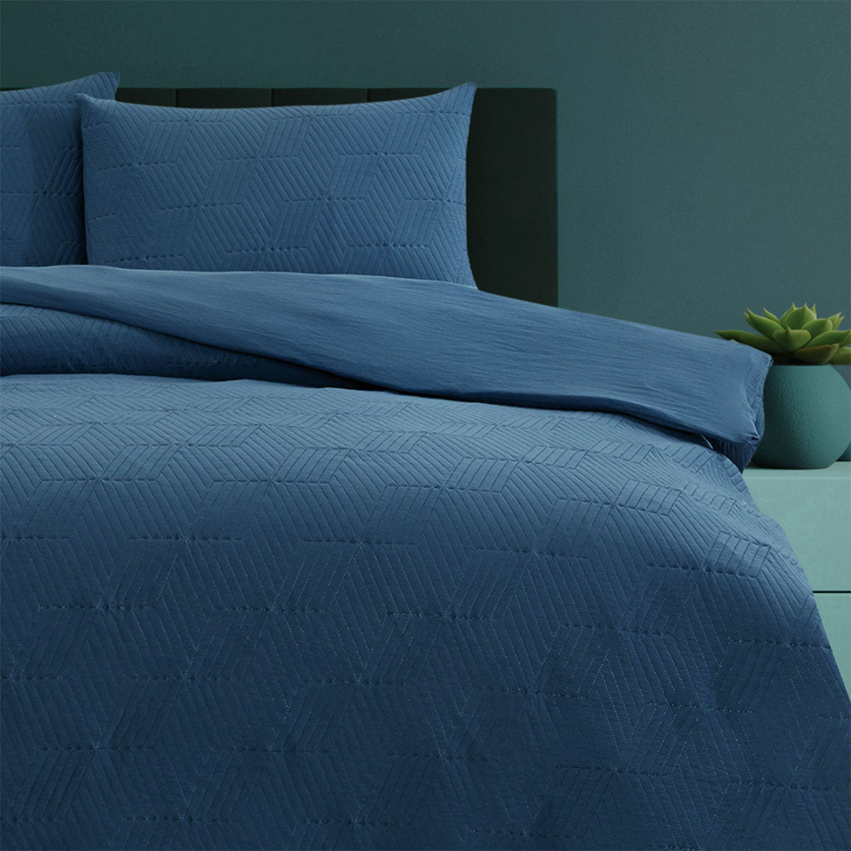 Maxwell Navy Embossed Vintage Washed Quilt Cover Set - 3PC
