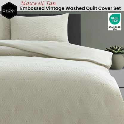 Maxwell Tan Embossed Vintage Washed Quilt Cover Set - 3PC