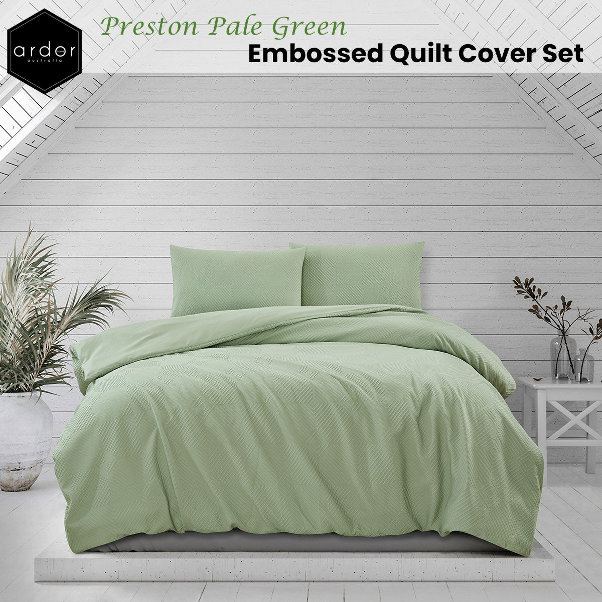 Preston Pale Green Embossed Quilt Cover Set - 3PC