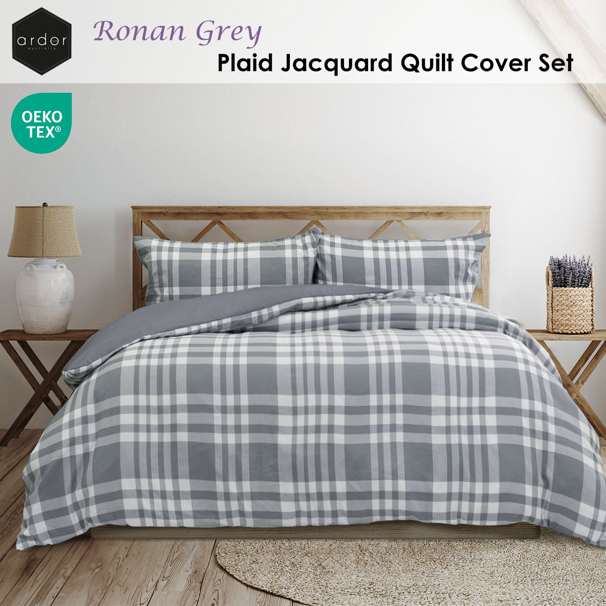 Ronan Grey Plaid Jacquard Quilt Cover Set - 3PC