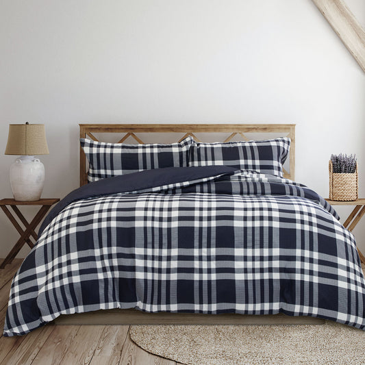 Ronan Navy Plaid Jacquard Quilt Cover Set - 3PC