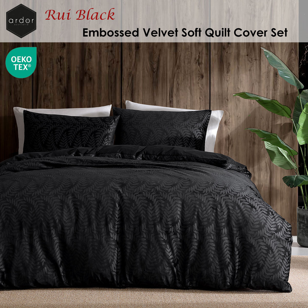 Rui Black Embossed Velvet Soft Quilt Cover Set - 3PC
