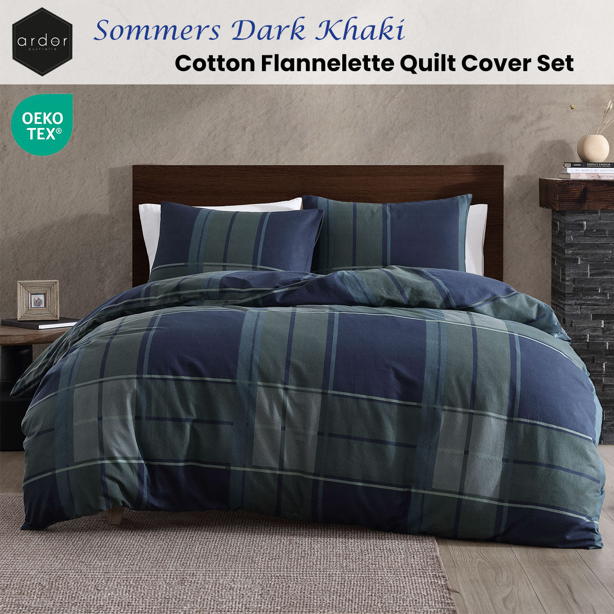 Sommers Dark Khaki Cotton Flannelette Quilt Cover Set - 3PC