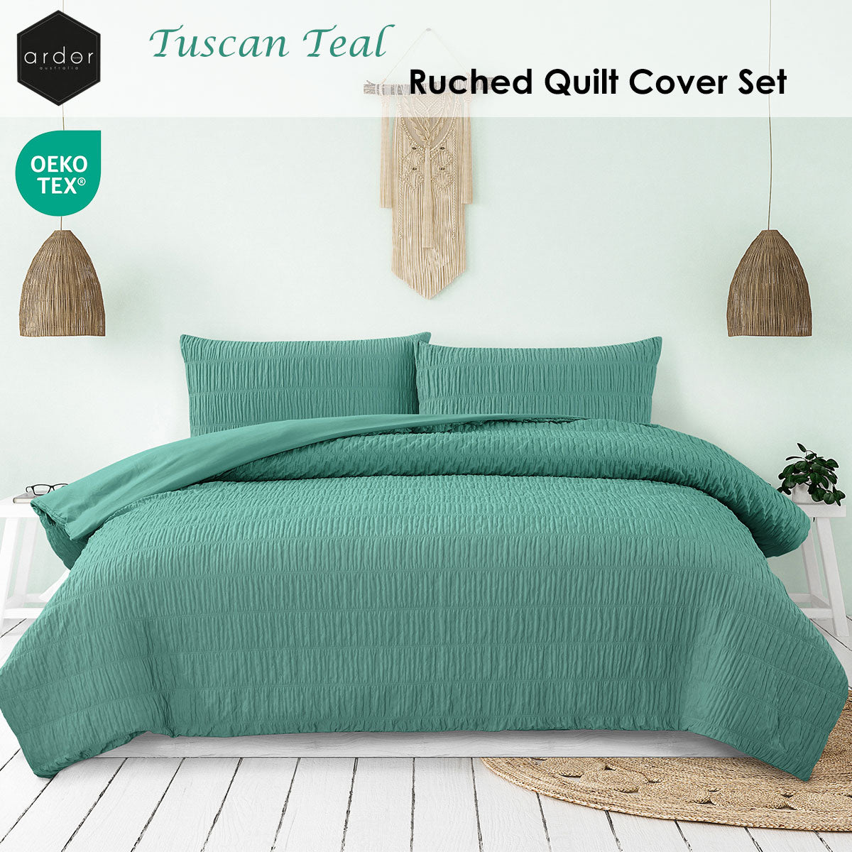 Tuscan Teal Ruched Quilt Cover Set - 3PC