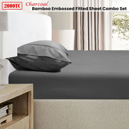 2000TC Bamboo Embossed Fitted Sheet Combo Set - Charcoal