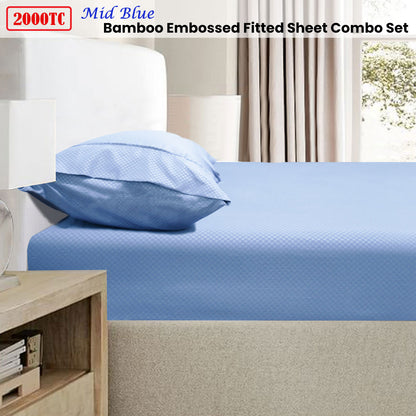 2000TC Bamboo Embossed Fitted Sheet Combo Set - Mid Blue