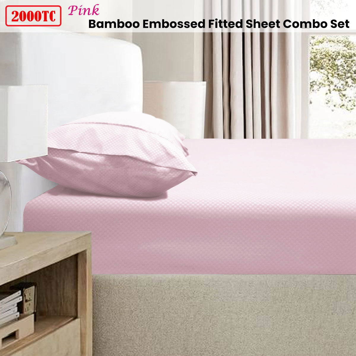 2000TC Bamboo Embossed Fitted Sheet Combo Set - Pink King