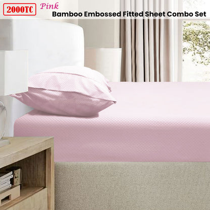 2000TC Bamboo Embossed Fitted Sheet Combo Set - Pink