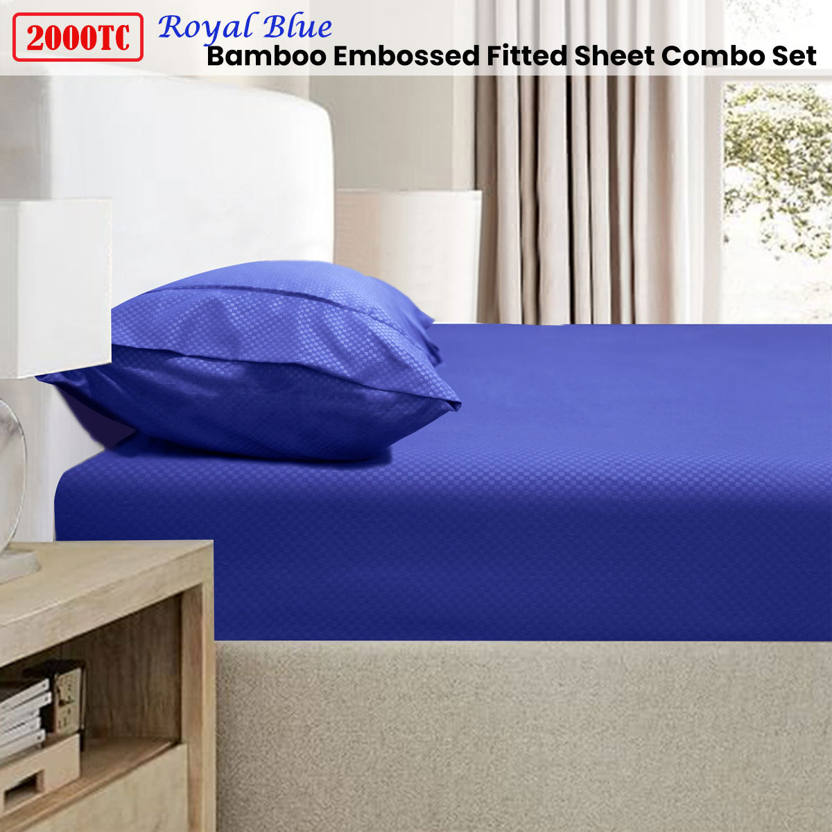 2000TC Bamboo Embossed Fitted Sheet Combo Set - Royal Blue