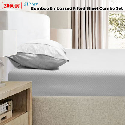 2000TC Bamboo Embossed Fitted Sheet Combo Set - Silver
