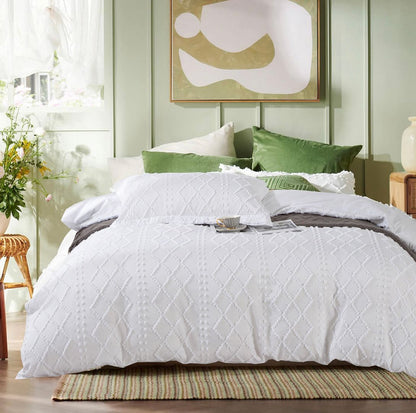 Tufted Boho Embroidery Quilt Cover Set - White - Super King Size