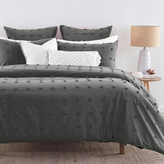 Grey Jacquard Tufted Dot Quilt Cover Set - 3PC