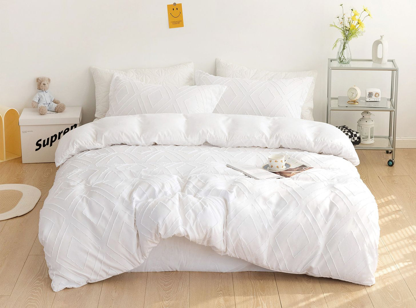 Diamond Jacquard Quilt Cover Set - 3PC White