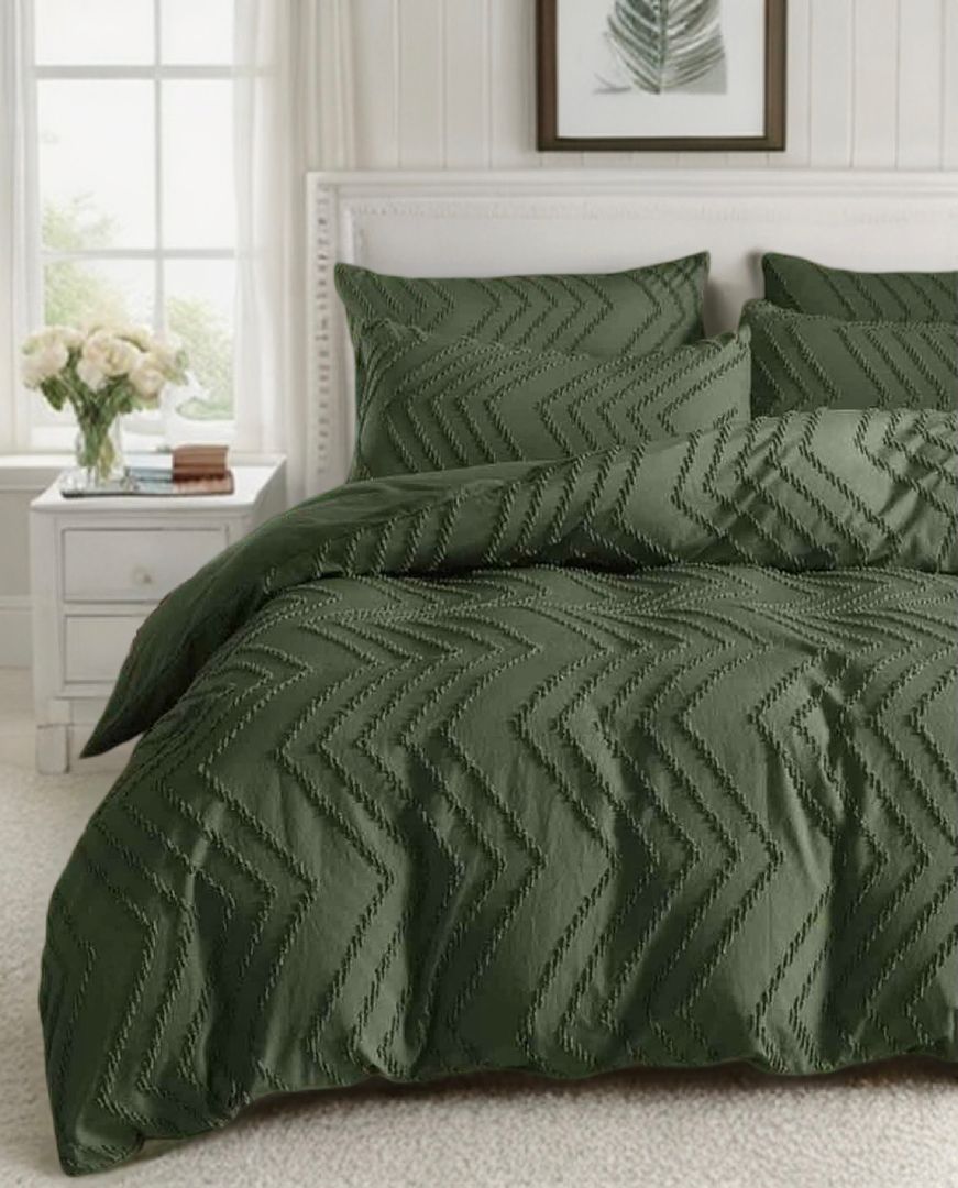 Dark Green Boho Wave Jacquard Quilt Cover Set - 3PC
