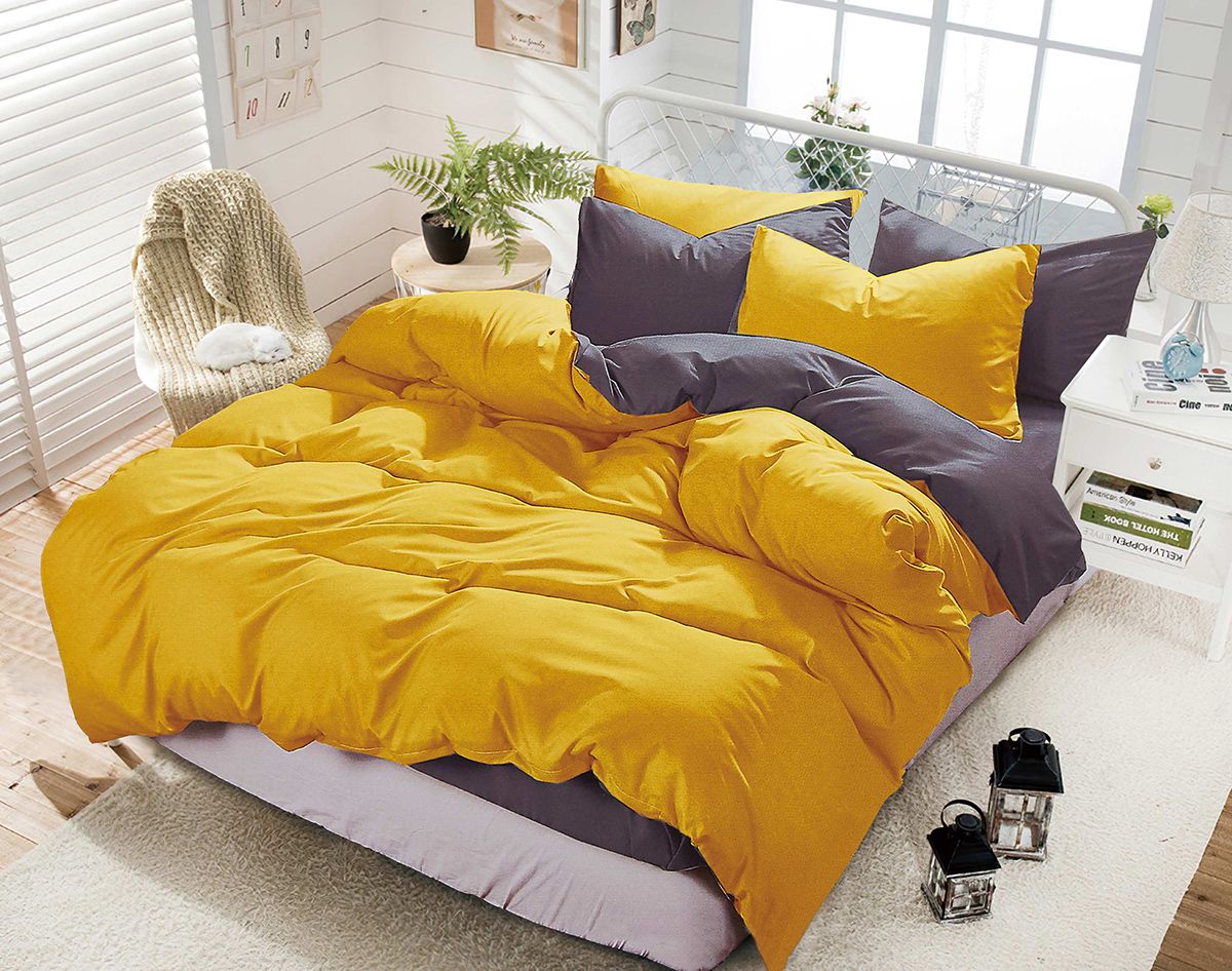 1000TC Yellow & Grey Reversible Quilt Cover Set - 3PC