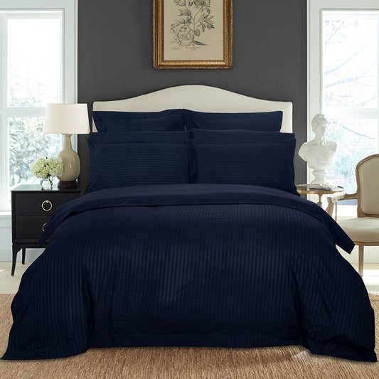 1000TC Ultra Soft Striped Quilt Cover Set - 3PC Midnight Blue