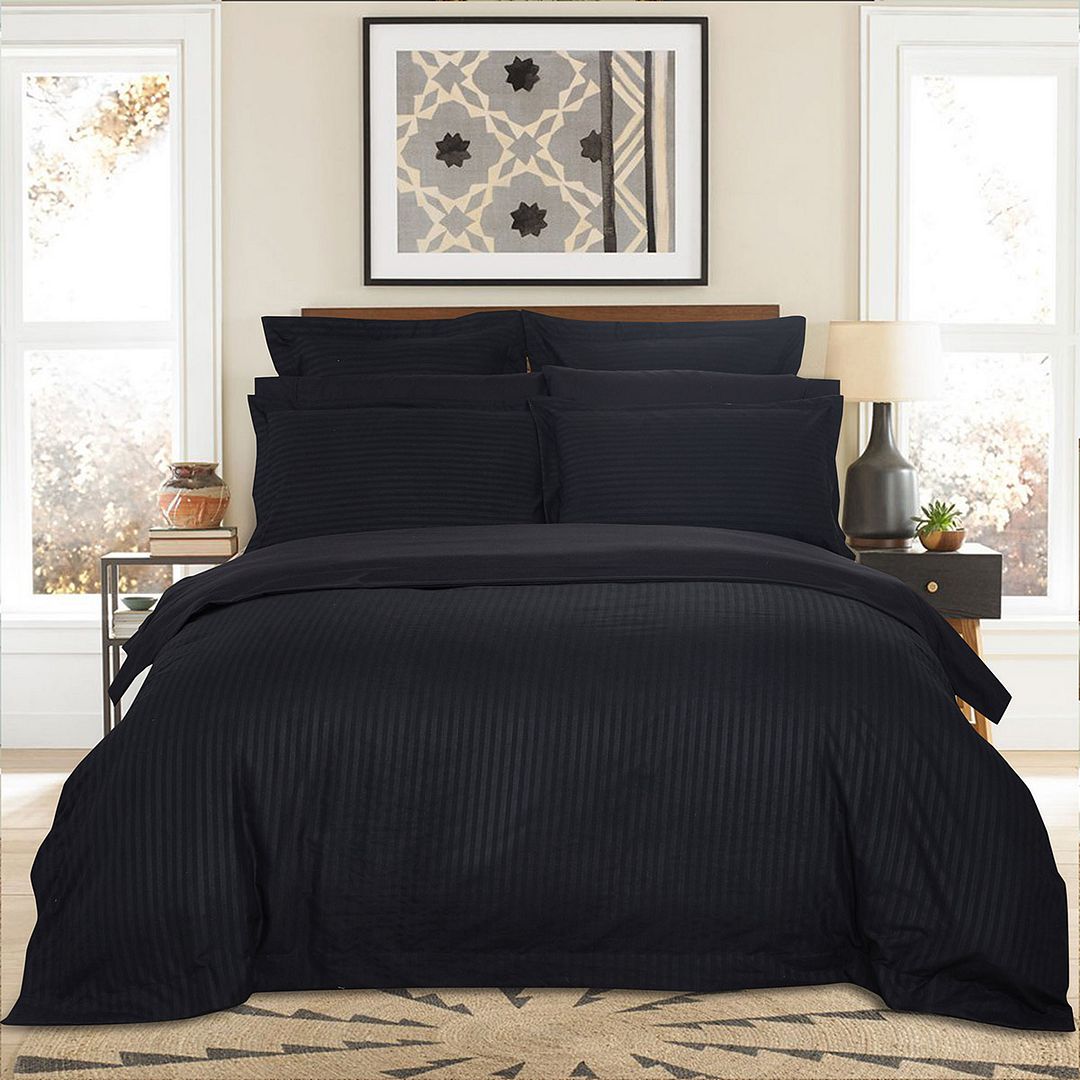 1000TC Ultra Soft Striped Quilt Cover Set - 3PC Black