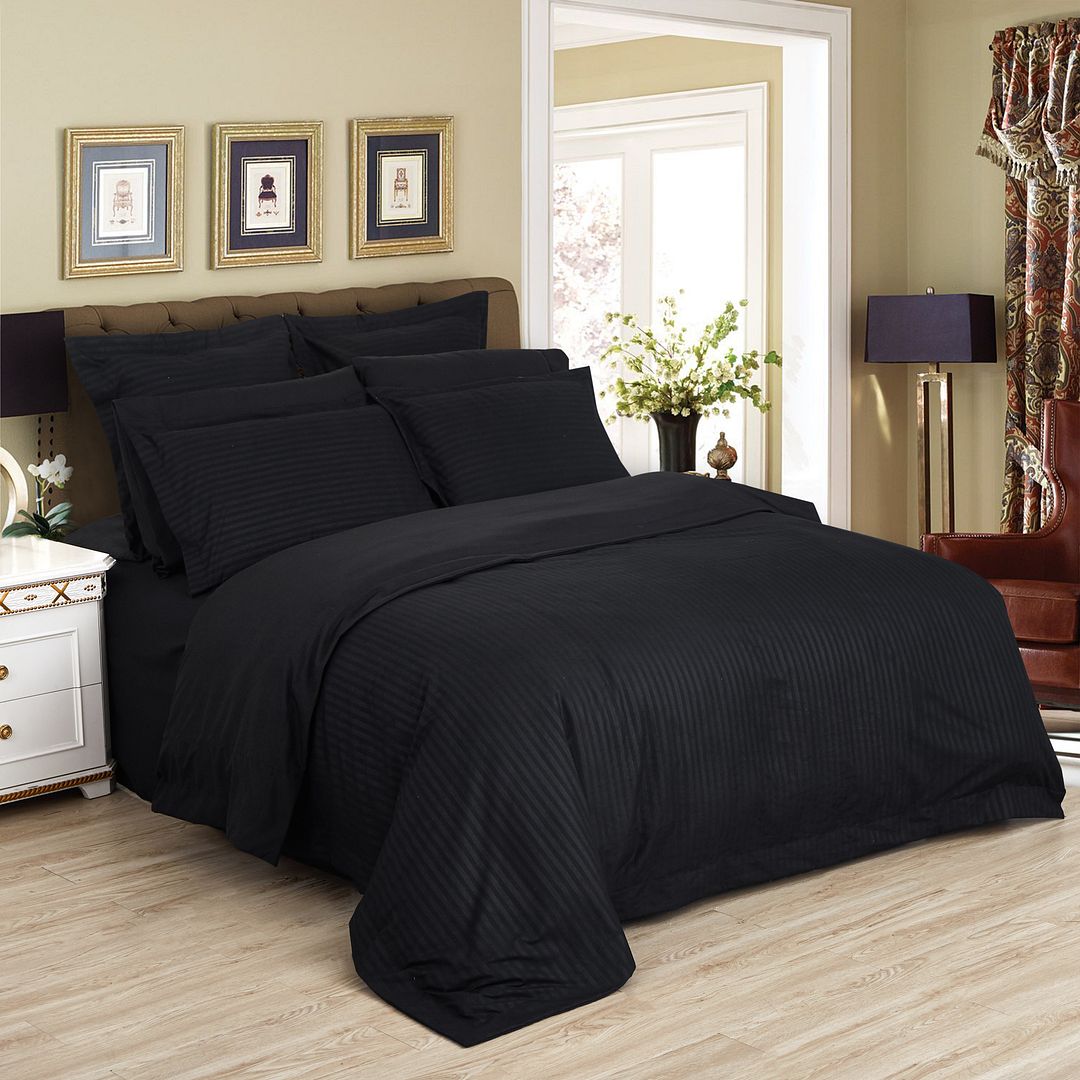 1000TC Ultra Soft Striped Quilt Cover Set - 3PC Black