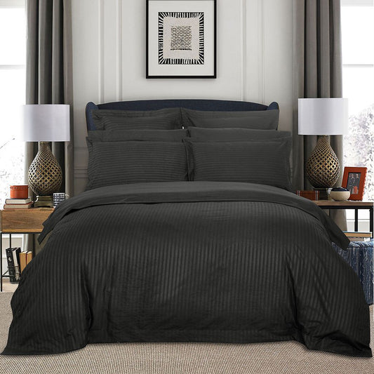 1000TC Ultra Soft Striped Quilt Cover Set - 3PC Charcoal