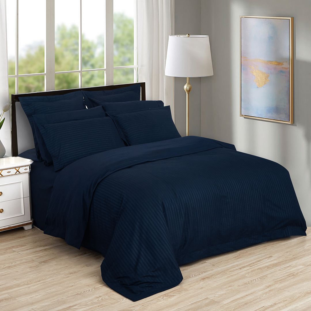 1000TC Ultra Soft Striped Quilt Cover Set - 3PC Midnight Blue