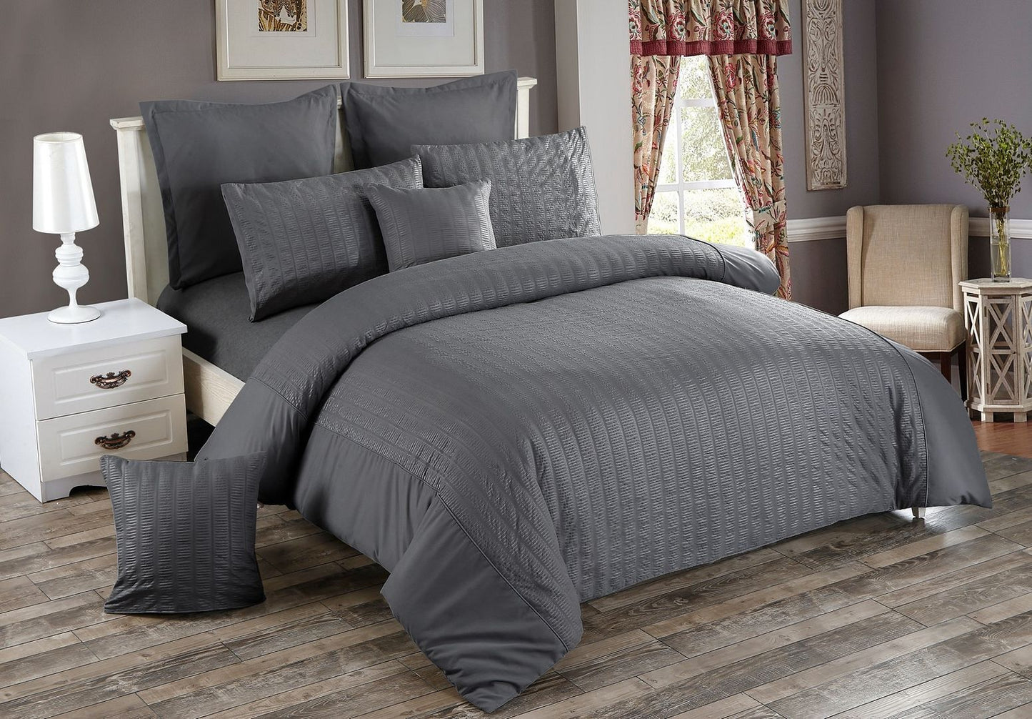 Seersucker Charcoal Quilt Cover Set - 3PC