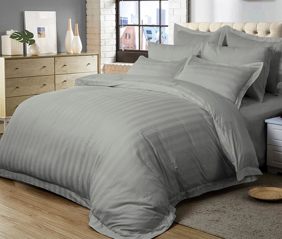 1000TC Ultra Soft Striped Quilt Cover Set - 3PC Grey