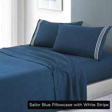 Soft Microfibre Embroidered Stripe Sheet Set - Sailor Blue