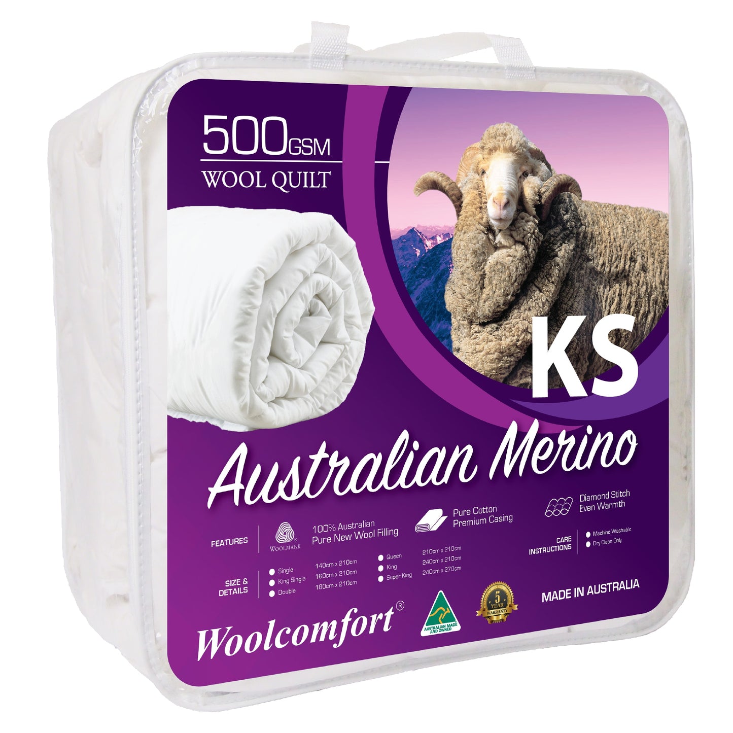 Aus Made Merino Wool Quilt 500GSM 160x210cm - King Single